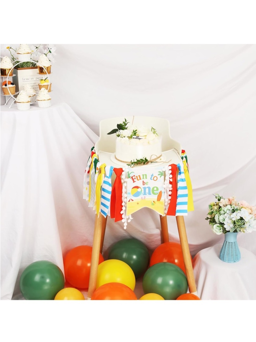 Fun to Be One High Chair Banner - Colorful Beach First Birthday Decor - Picture 2 of 9